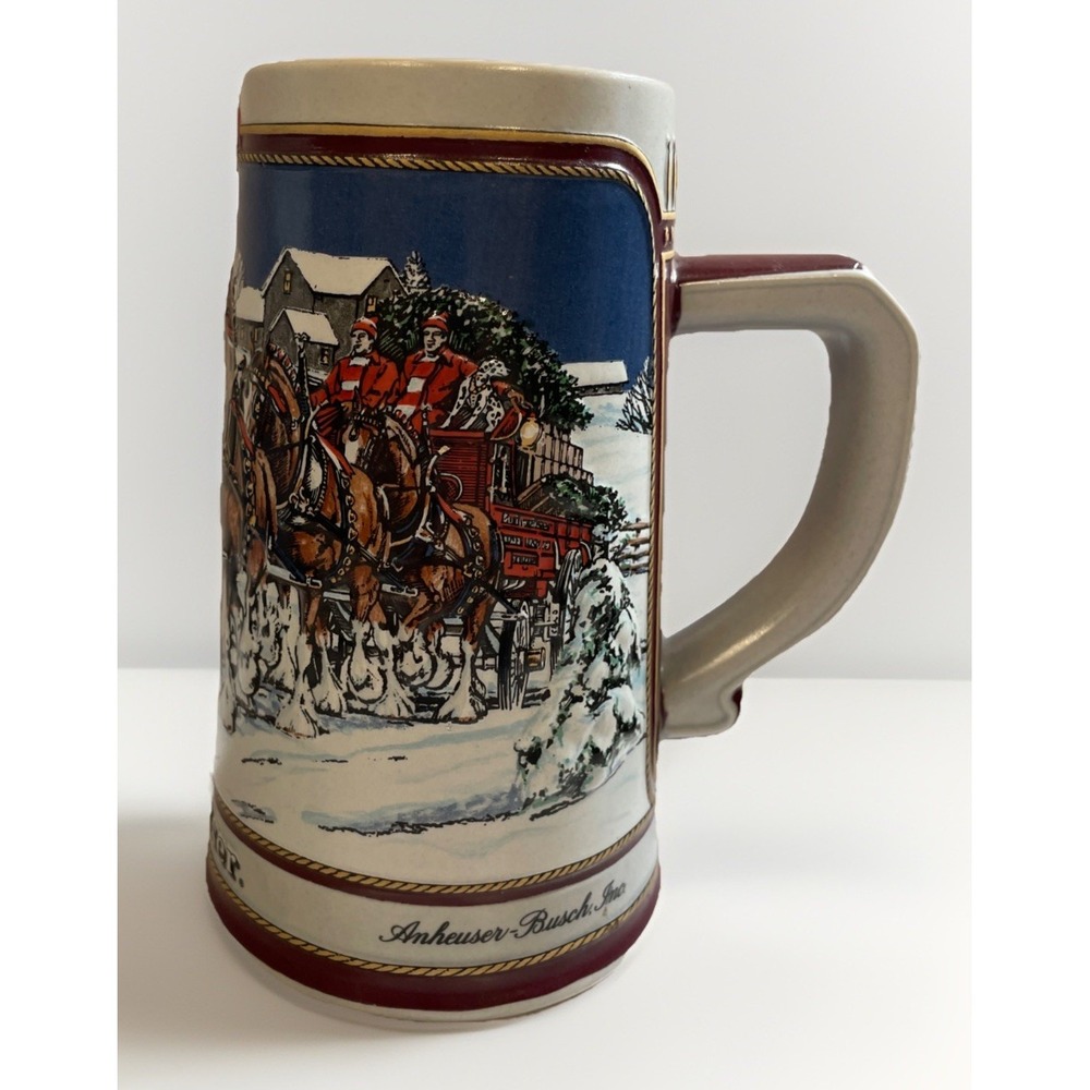 Budweiser Stein Anheuser Busch Bud 1989 Christmas Mug‎ Hitch on a Winter Evening